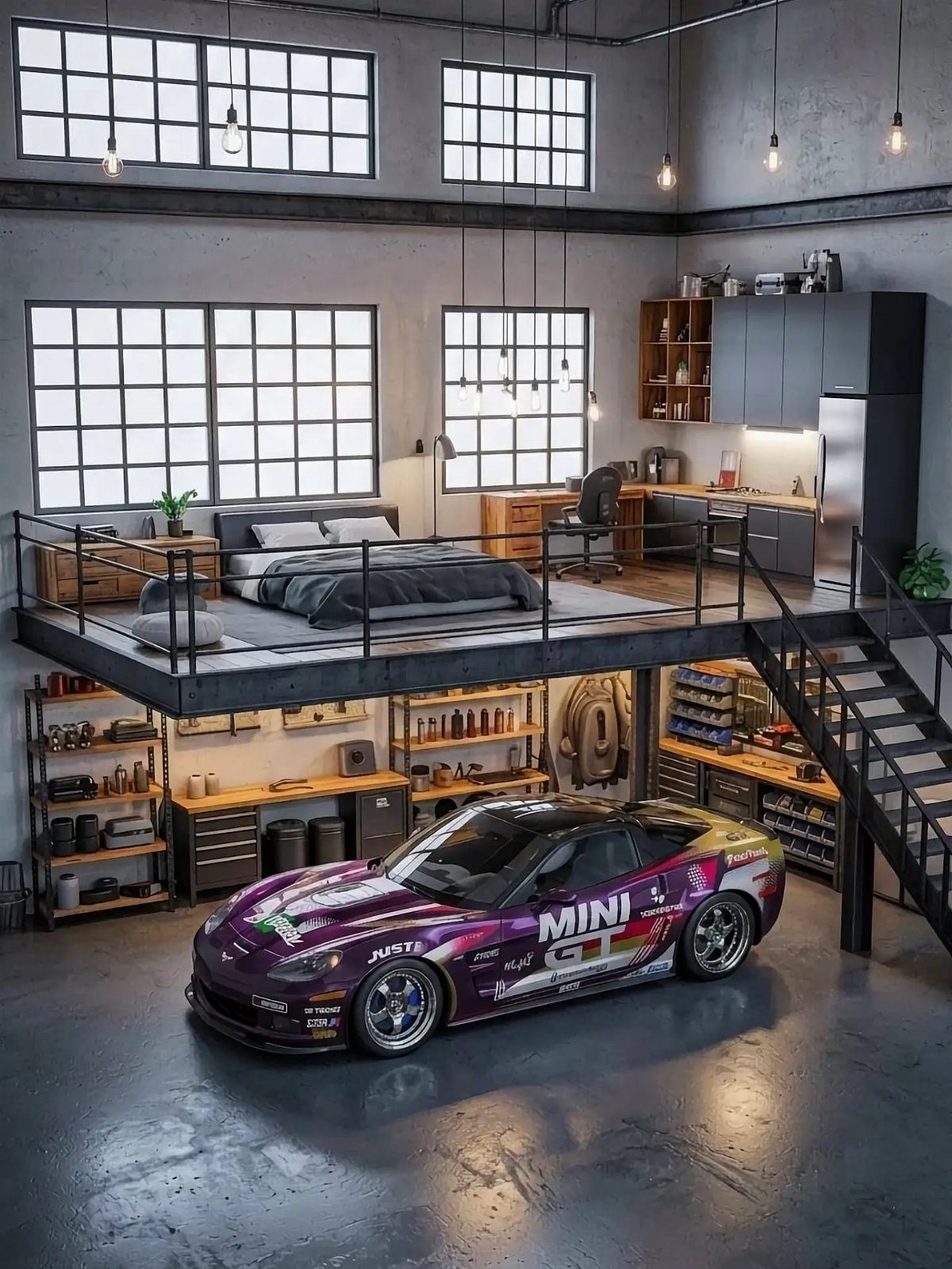 A modern two-story garage with a sports car below and a lofted living space above.