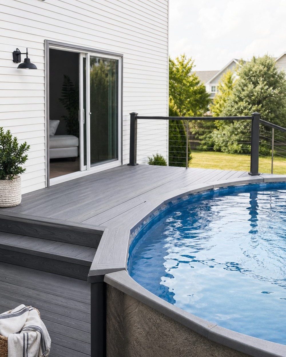 Grey wooden deck surrounding a blue above-ground pool next to a white house with sliding doors.