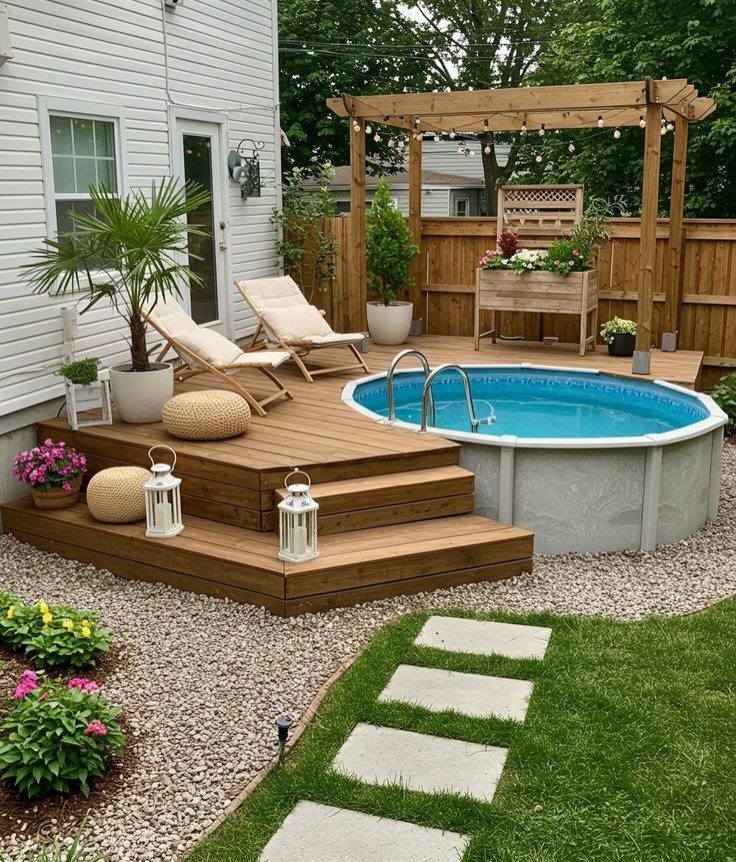 An above-ground pool with a wooden deck, lounge chairs, and a pergola next to a white house.