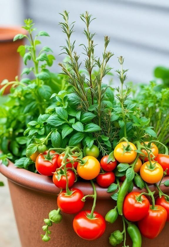 11 Cheap Container Gardening Ideas for Small Spaces 2 Cherry tomatoes in red and yellow hanging from a lush green basil plant in a container.