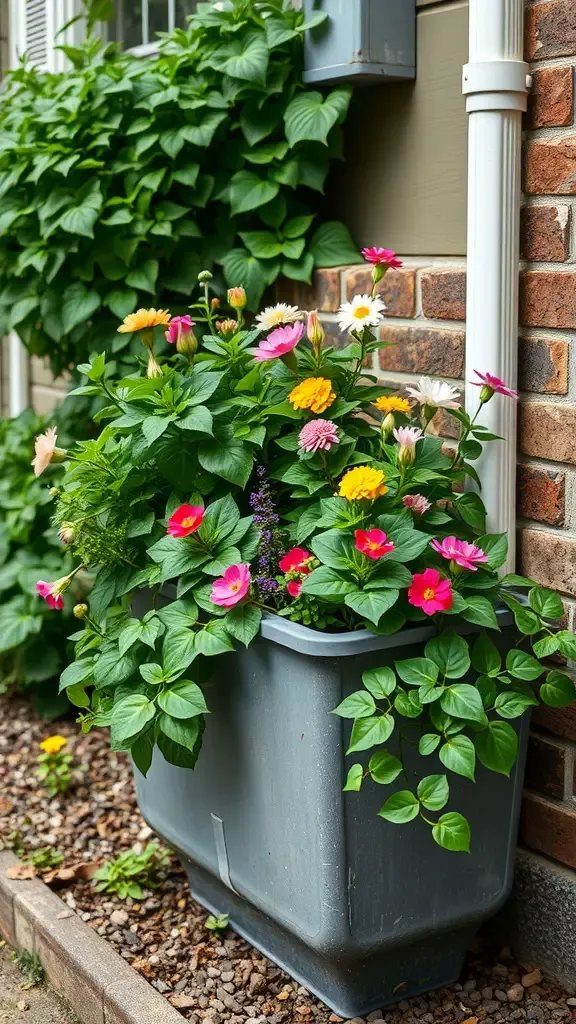 11 Cheap Container Gardening Ideas for Small Spaces 7 Colorful zinnias blooming in a large grey plastic container placed against a brick wall.