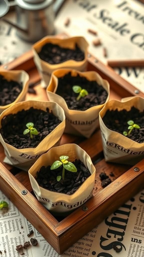 11 Cheap Container Gardening Ideas for Small Spaces 11 Small green seedlings growing in paper bag containers arranged within a wooden tray.