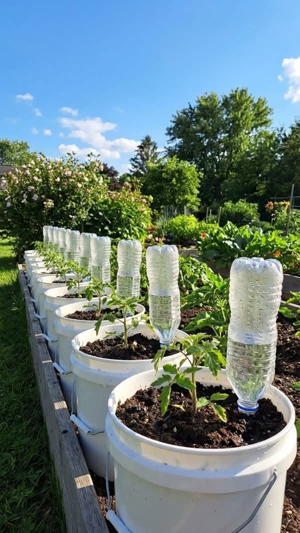 11 Cheap Container Gardening Ideas for Small Spaces 9 White buckets containing small green plants and plastic bottles arranged in a wooden garden bed outdoors.