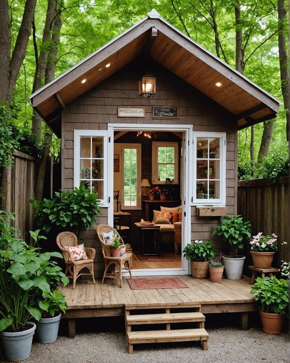Cottage Garden Sheds with Porch: 13 Layouts and Looks 9 Brown wooden cottage shed with a small porch featuring wicker chairs and potted plants.