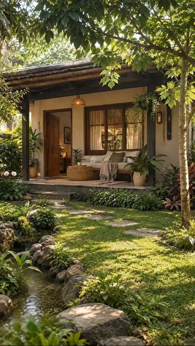 Cottage Garden Sheds with Porch: 13 Layouts and Looks 8 Cream cottage porch with a white sofa overlooking a lush garden and stone path.
