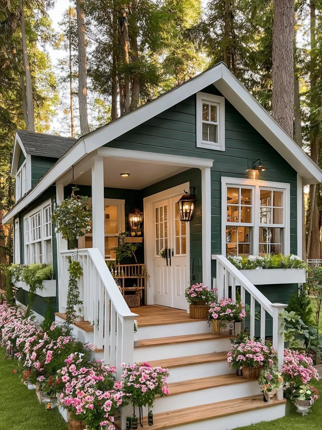 Cottage Garden Sheds with Porch: 13 Layouts and Looks 7 Dark green cottage shed with a white porch and blooming pink flowers in a forest setting.