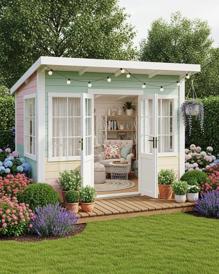 Cottage Garden Sheds with Porch: 13 Layouts and Looks 4 Pastel cottage shed with open doors opening onto a wooden porch and garden.