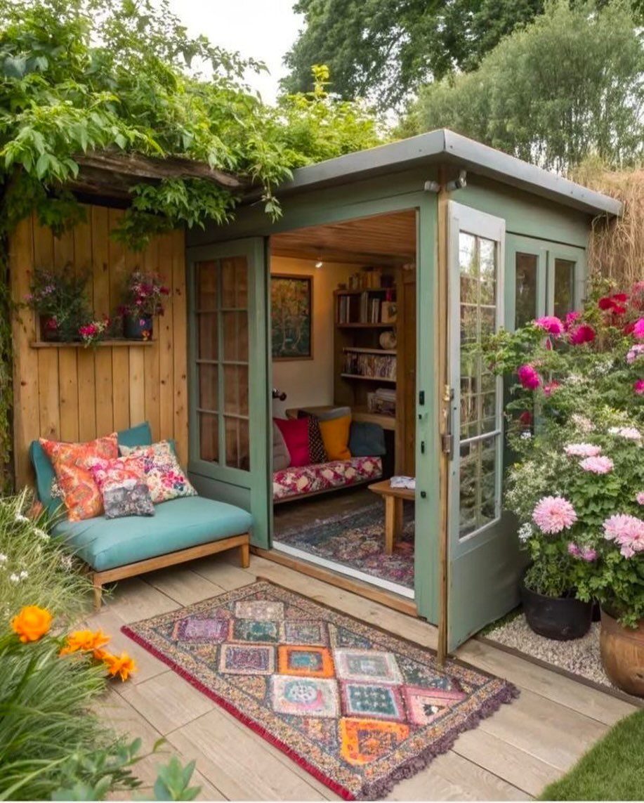 Cottage Garden Sheds with Porch: 13 Layouts and Looks 11 Sage green garden shed with open doors revealing a cozy interior and outdoor lounge seating.