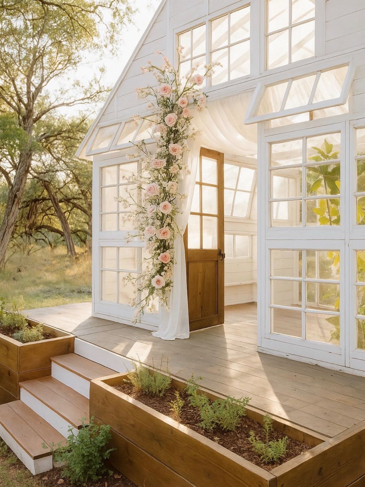 Cottage Garden Sheds with Porch: 13 Layouts and Looks 1 White cottage shed with large windows, a wooden porch, and floral decorations in a garden setting.