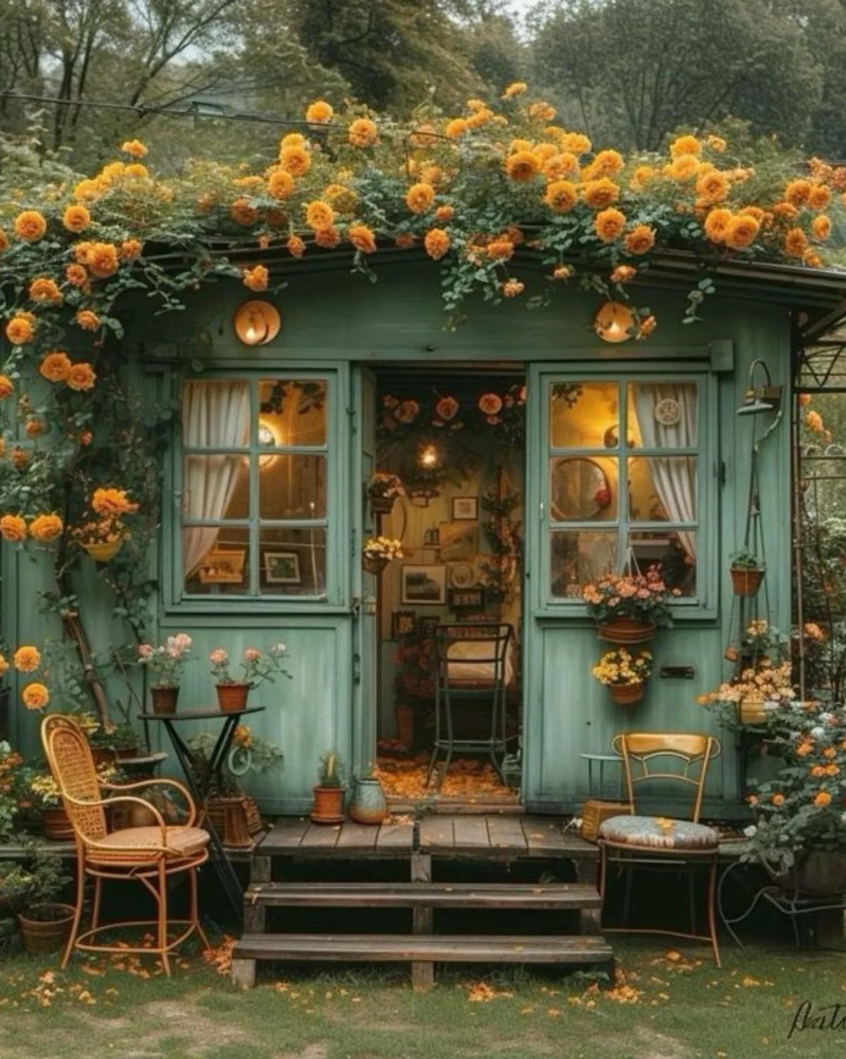 Cottage Garden Sheds with Porch: 13 Layouts and Looks 6 Teal cottage shed with climbing orange roses and a small wooden porch steps.
