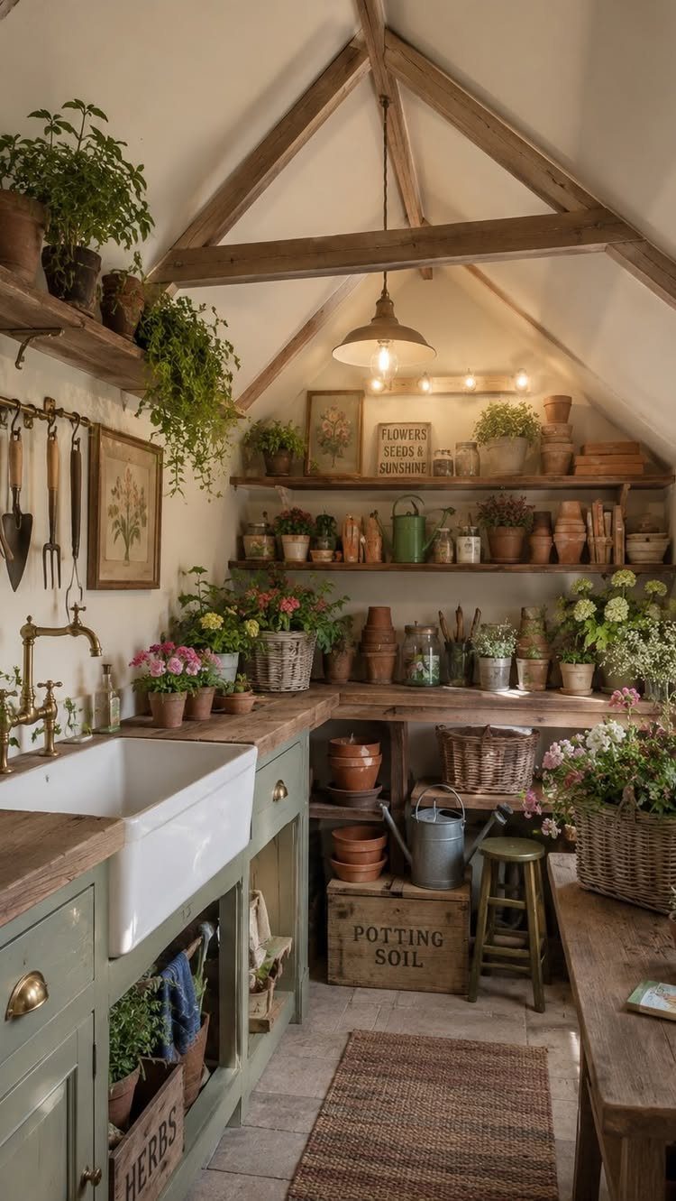 Cottage Garden Sheds with Porch: 13 Layouts and Looks 5 Potting shed interior with wooden workbench, white sink, terracotta pots, and various gardening supplies.