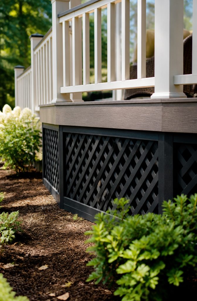 Black vinyl lattice skirting against a light-colored deck railing.