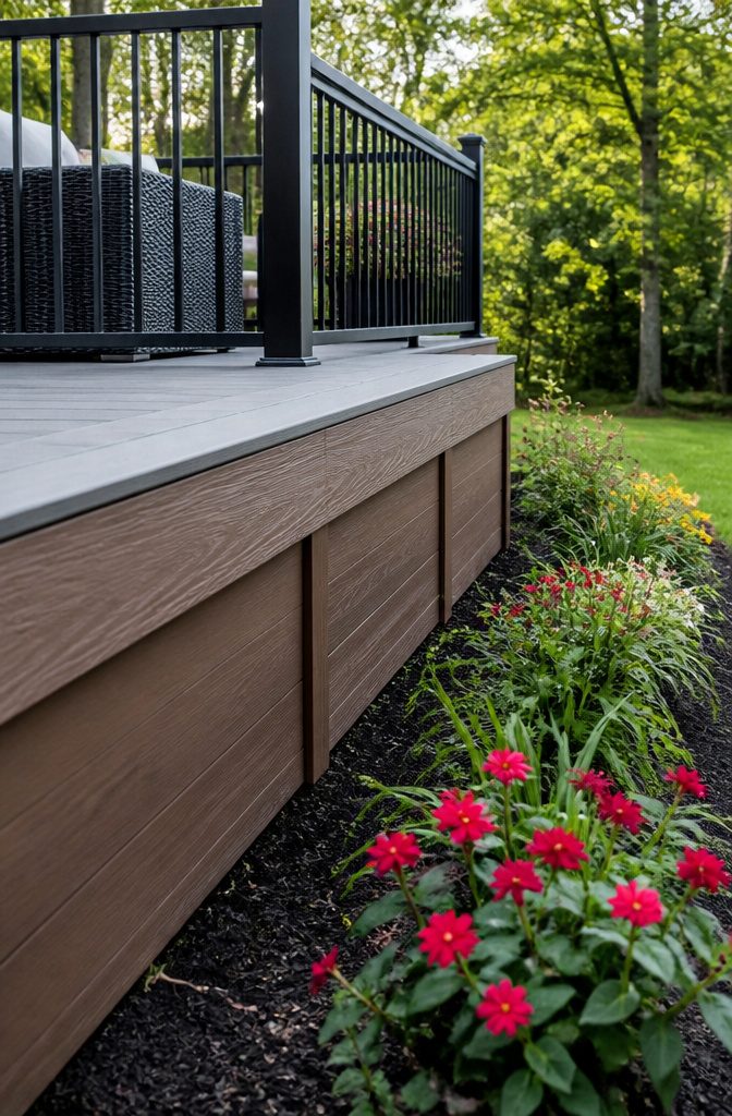 Composite skirting boards surrounding a ground-level deck.