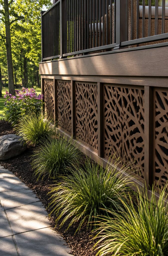 Intricate decorative panels installed on a deck's lower section.