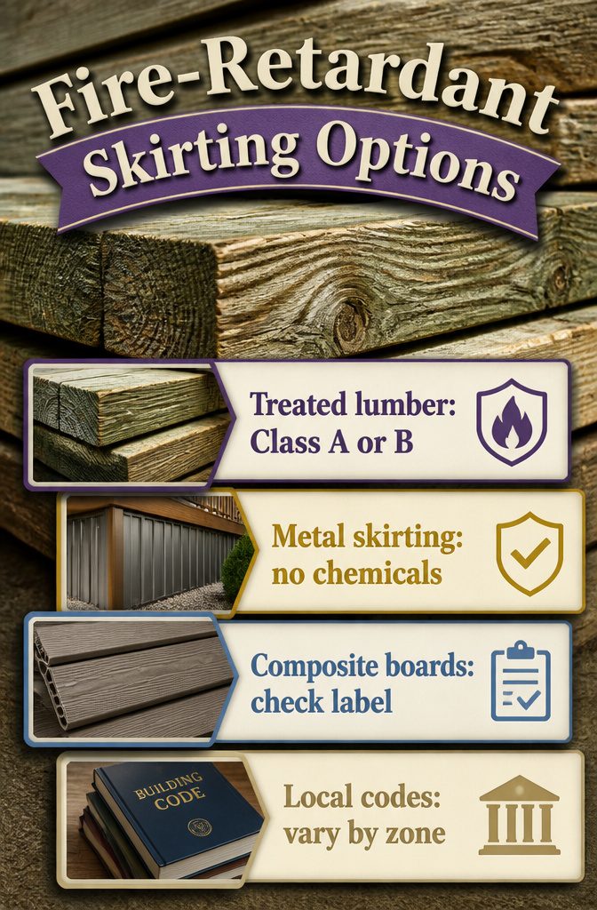 Display of fire-retardant treated lumber and metal skirting options.