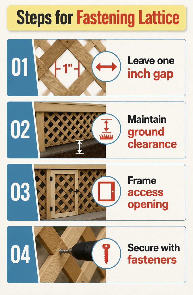 Instructions for fastening lattice panels to a deck structure.
