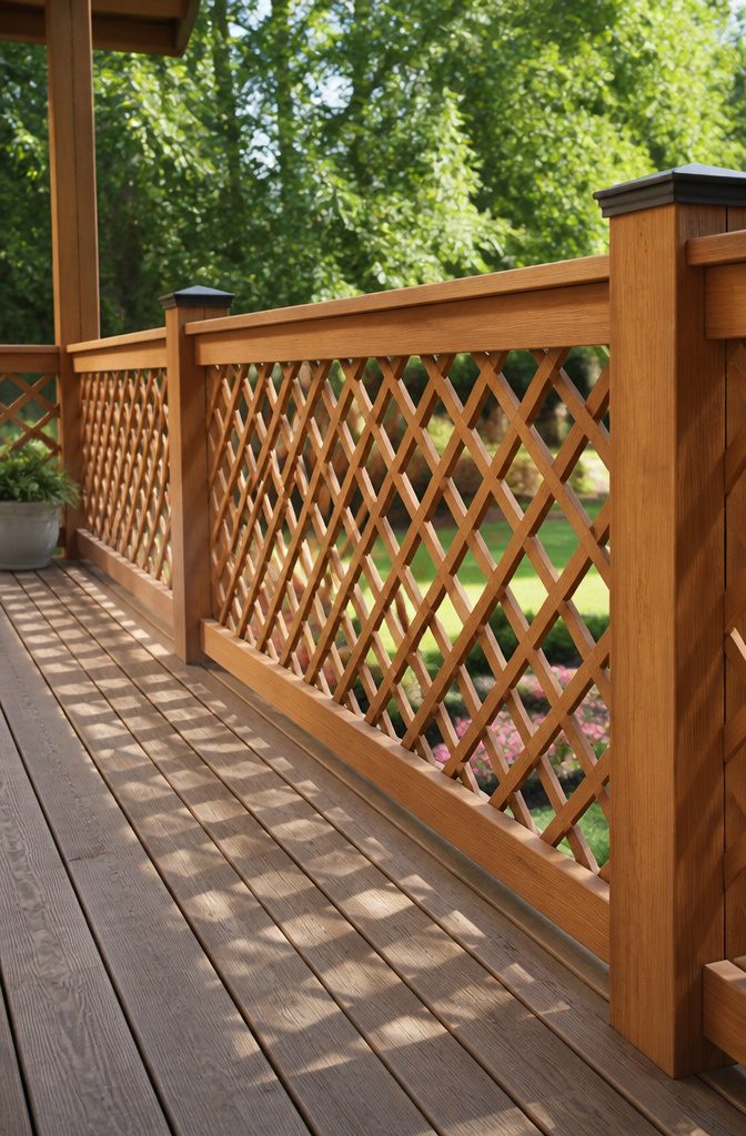 A lattice railing design integrated with wooden posts and top rails.