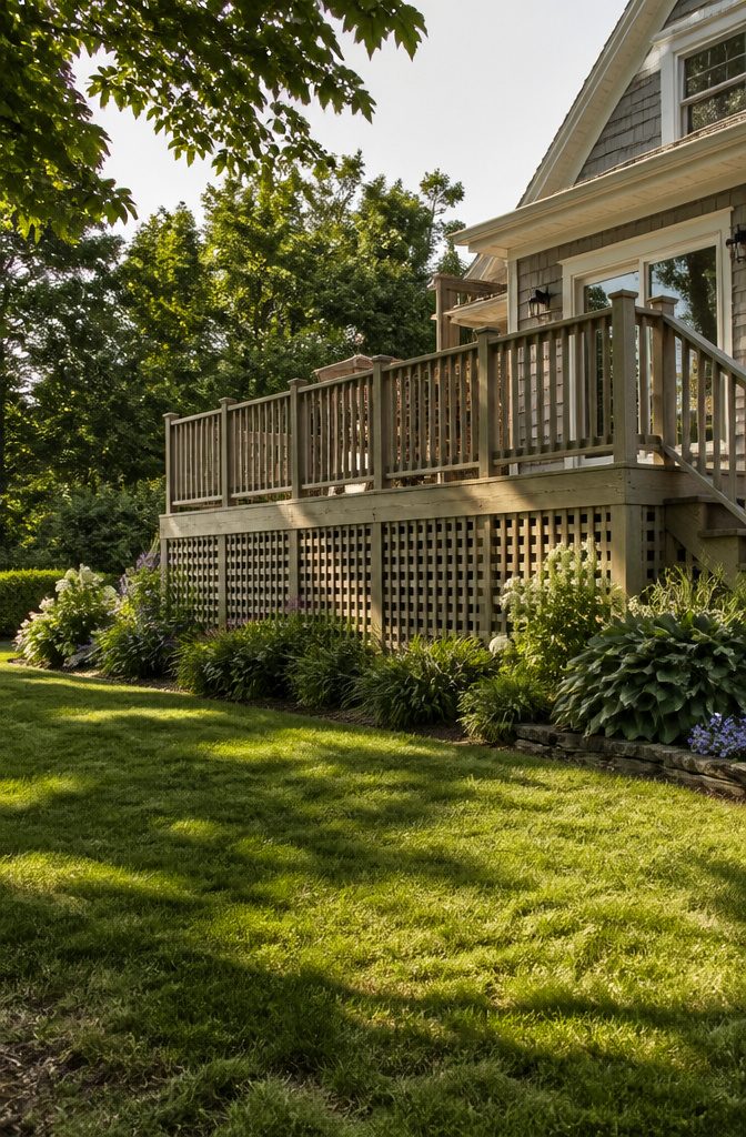 Lattice skirting installed beneath a deck, with support posts visible.