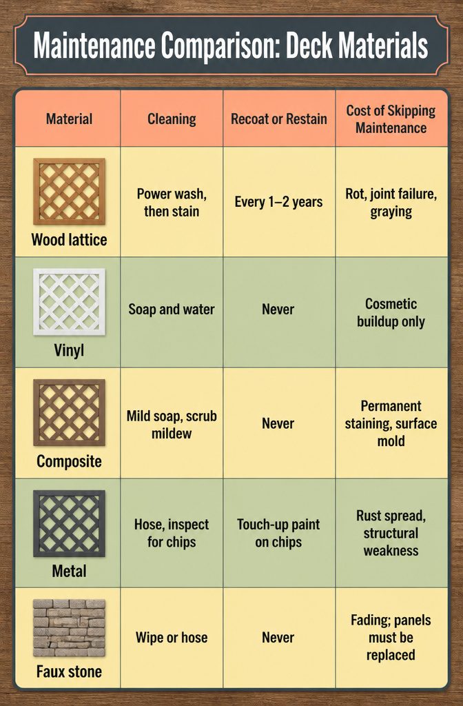 Comparison chart showing maintenance needs for different deck materials.