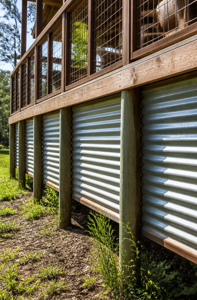Metal skirting installed beneath a raised deck, showing its ridged texture.