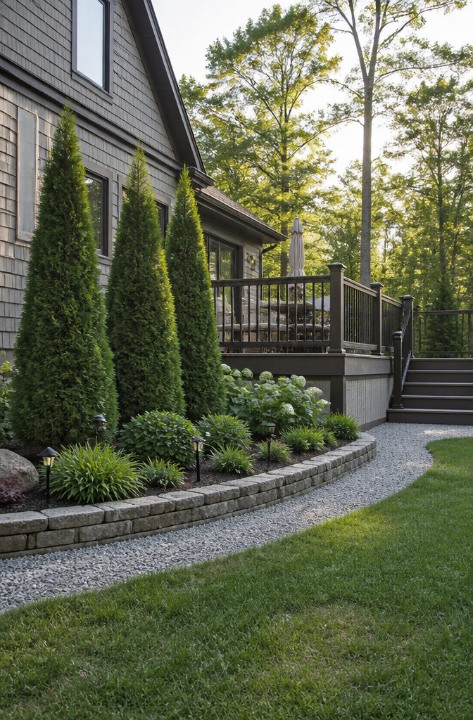 Columnar arborvitae planted around a deck for natural screening.