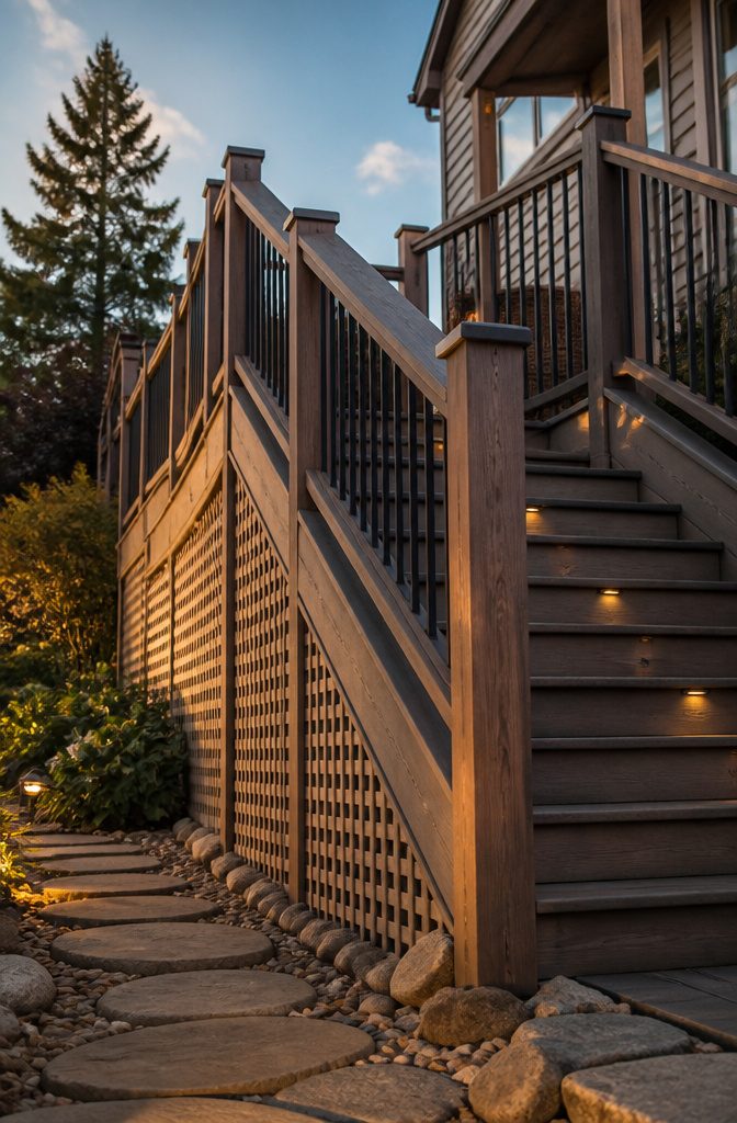 Diagonal lattice skirting installed around deck stairs.