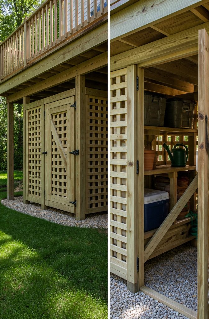 Storage area framed under an elevated deck with lattice skirting.