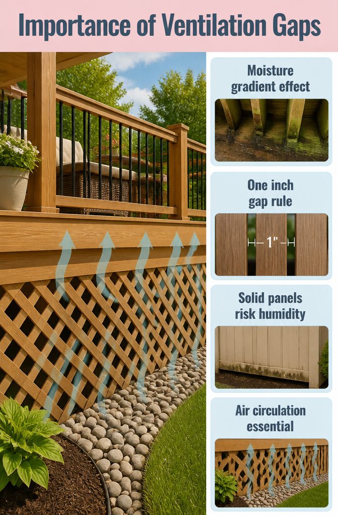 Illustration showing importance of ventilation gaps in deck skirting.