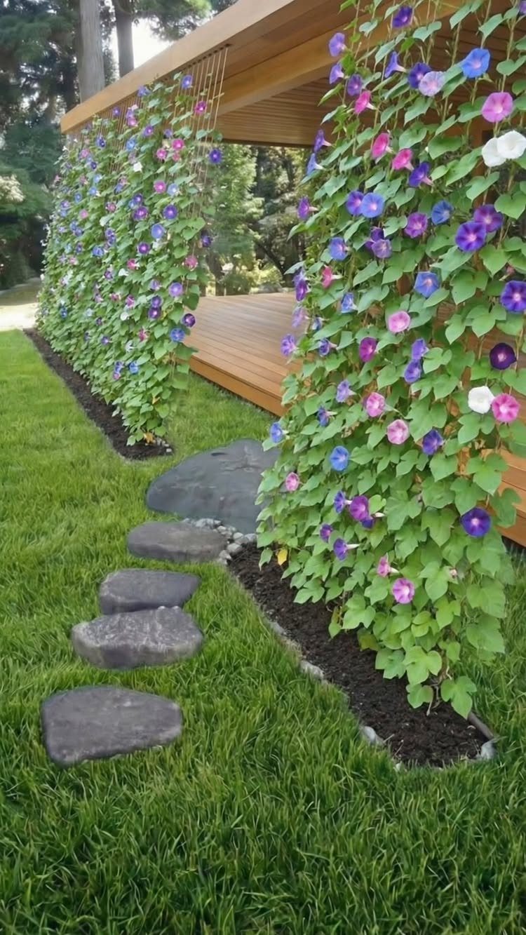 Climbing vines with purple and pink flowers create a natural privacy screen along a wooden deck.