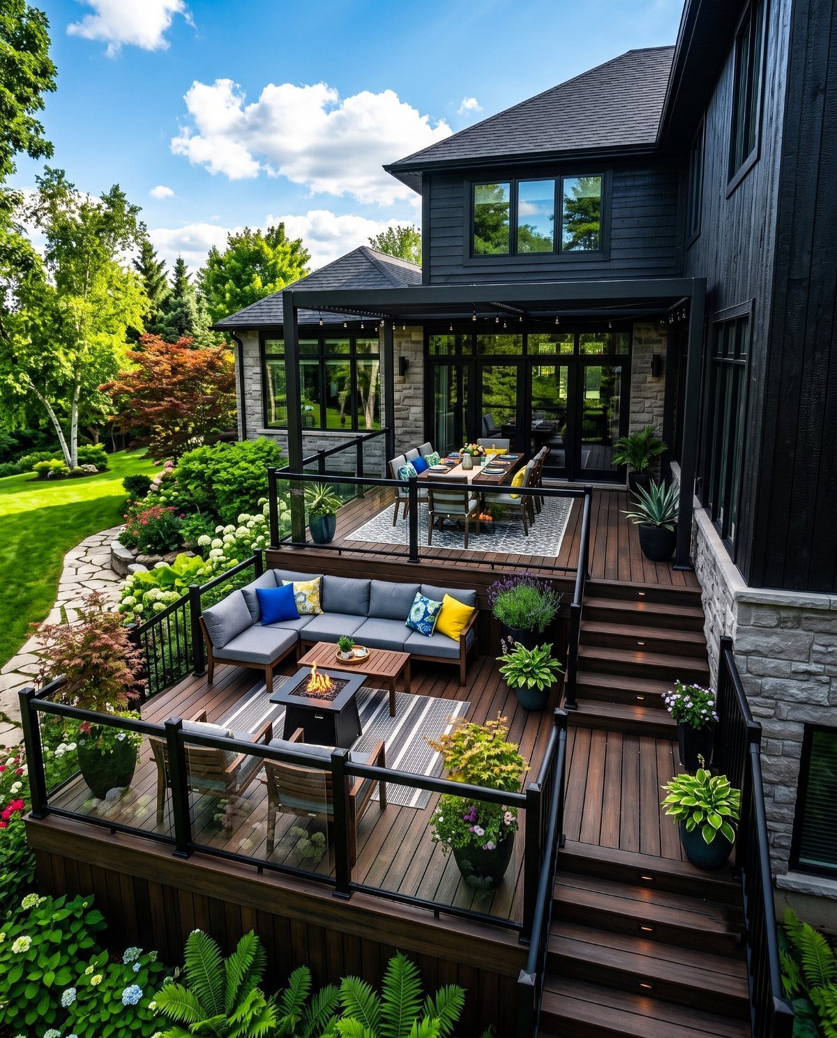 Deck Steps With Landing: 12 Ideas for Any Yard 7 Dark wood multi-level deck with black railings and outdoor furniture attached to a black house.