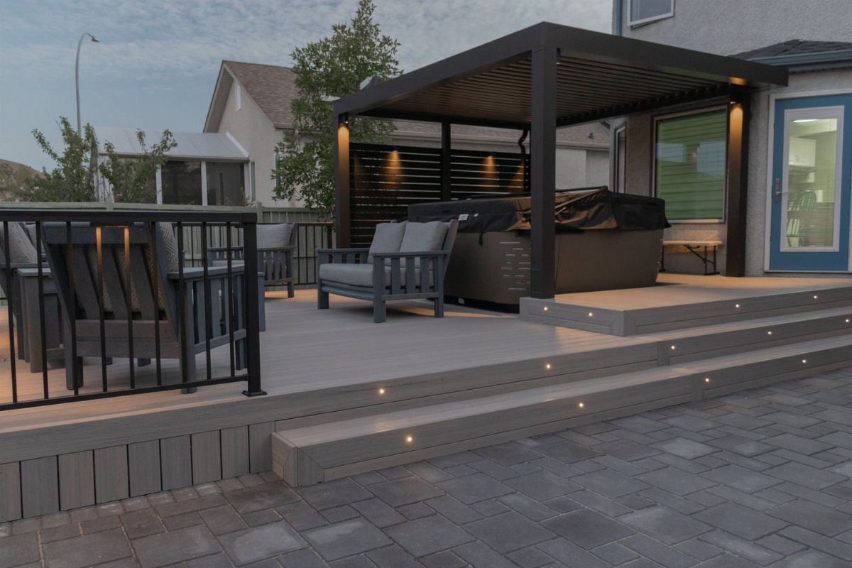Modern grey composite deck with a hot tub, pergola, and integrated step lighting.