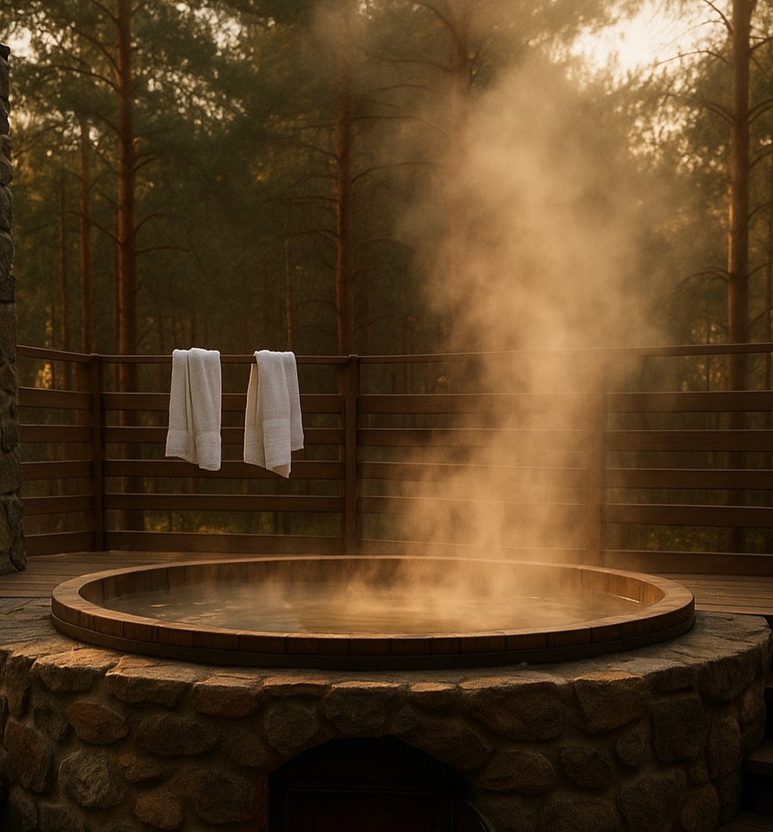 A steaming hot tub sits within a rustic stone surround on a wooden deck near a forest.