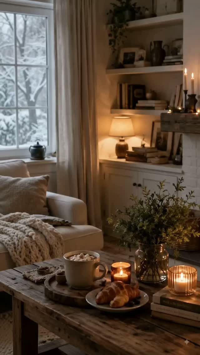 12 Decor for Winter After Christmas Ideas for a Cozy Home 2 Chunky knit blanket draped over a cream sofa in a cozy, candlelit winter living room.