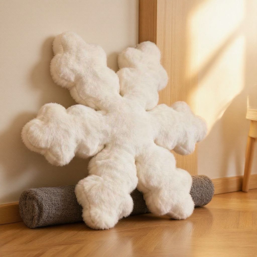 12 Decor for Winter After Christmas Ideas for a Cozy Home 12 A large white fluffy snowflake pillow leaning against a wall on a wooden floor.