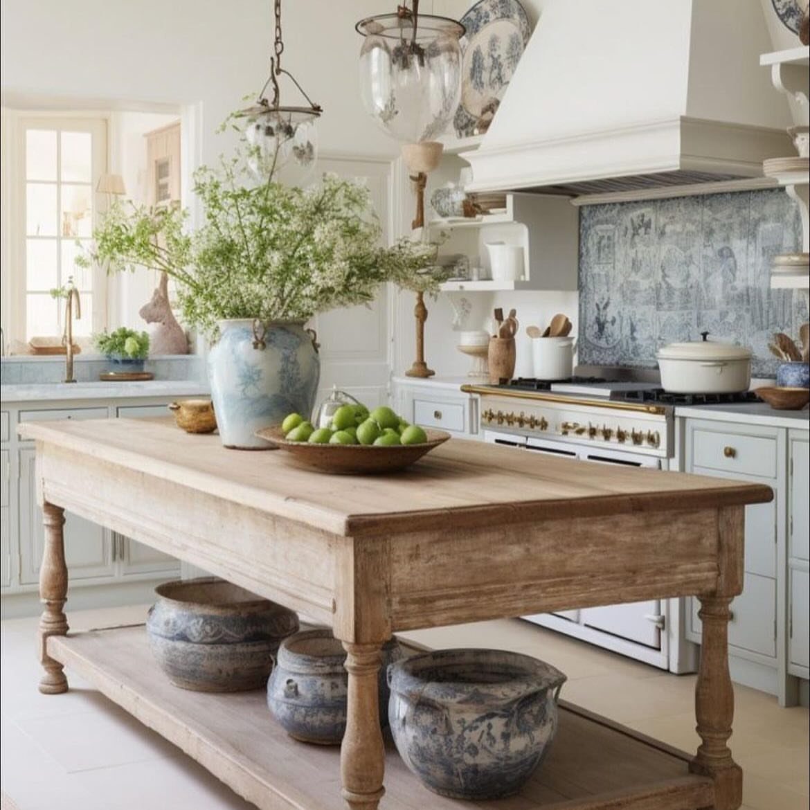 17 DIY Kitchen Island Ideas From Dressers to Live-Edge Slabs 9 Rustic wooden kitchen island with turned legs and ceramic bowls on a lower shelf.