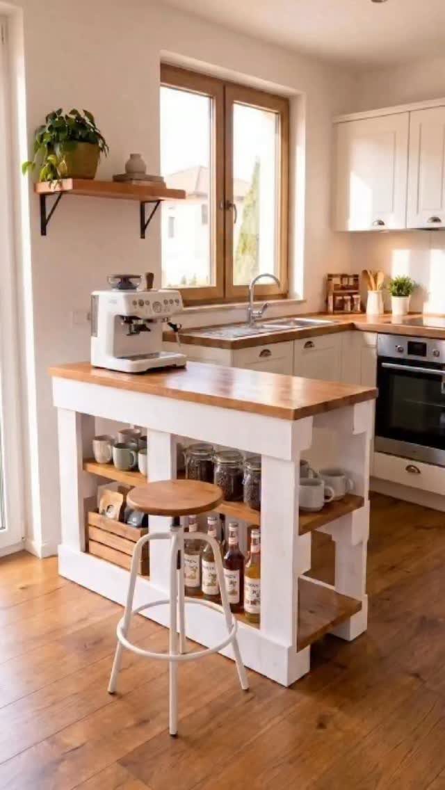17 DIY Kitchen Island Ideas From Dressers to Live-Edge Slabs 12 White wooden kitchen island with a natural wood top and open shelving in a bright kitchen.