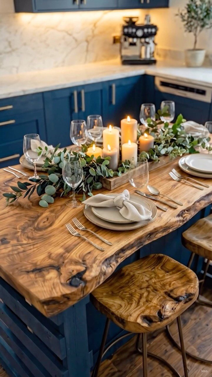 17 DIY Kitchen Island Ideas From Dressers to Live-Edge Slabs 3 A live-edge wood slab kitchen island set for a meal with greenery and glassware.