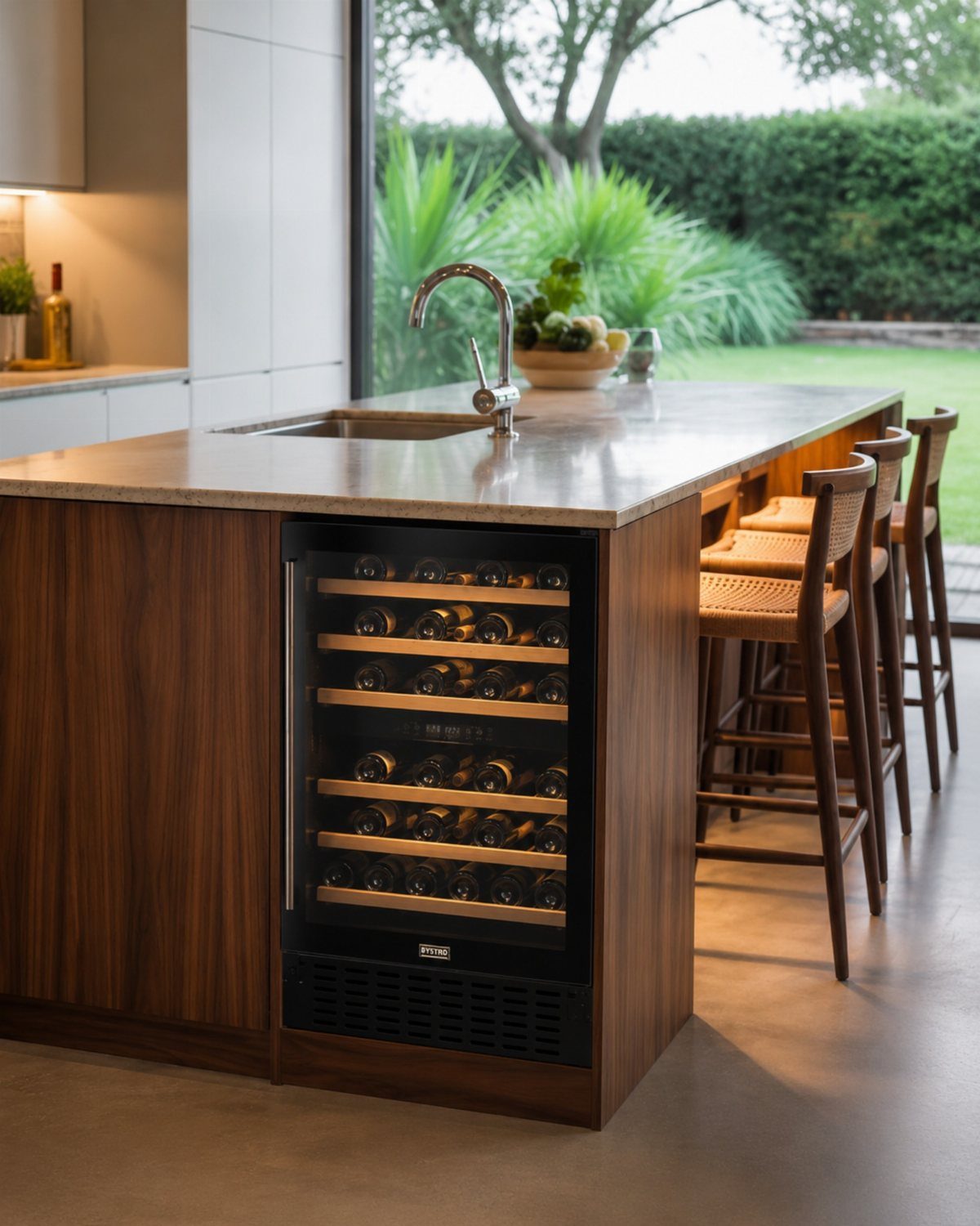 17 DIY Kitchen Island Ideas From Dressers to Live-Edge Slabs 5 A wooden kitchen island featuring a built-in wine refrigerator and a sink overlooking a garden.