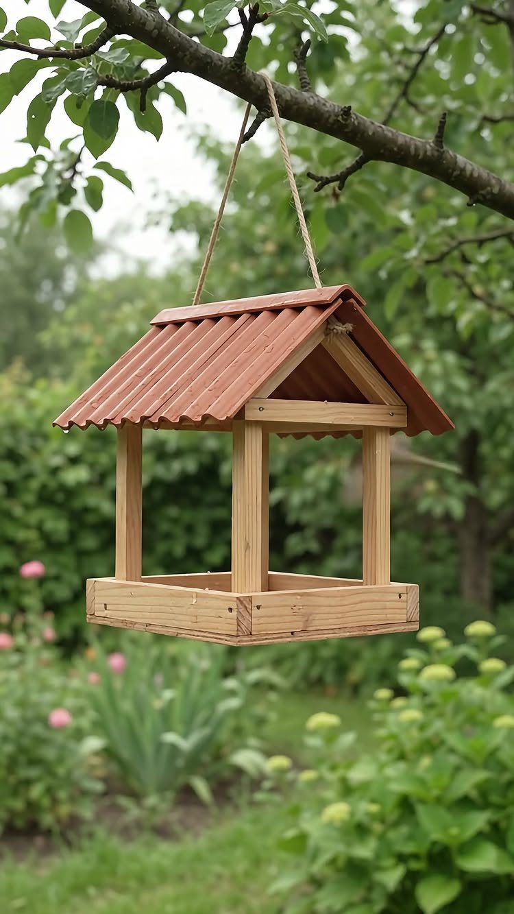 A wooden bird feeder with a red roof hanging from a tree branch in a garden.
