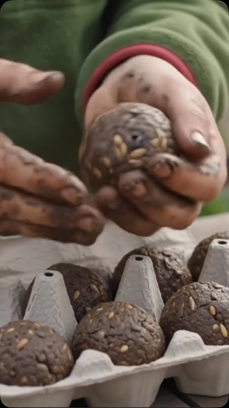 Dirty hands holding a dark brown wildflower seed bomb over an egg carton filled with more bombs.