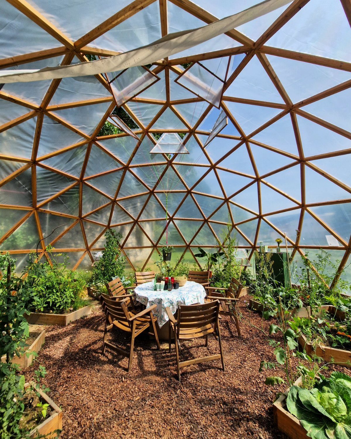 10 Easy Greenhouse Ideas for Any Backyard and Budget 3 Interior view of a wooden geodesic dome greenhouse containing a small dining set and garden beds.