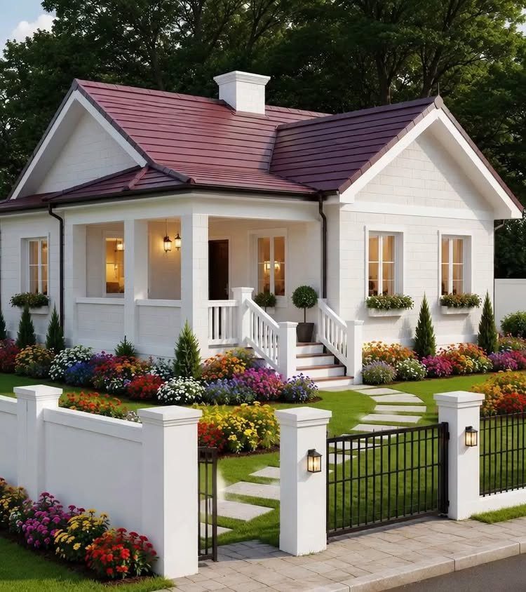 17 Front Flower Bed Ideas for Small Yards and Sunny Corners 5 White cottage house surrounded by vibrant, colorful flower beds and a manicured green lawn.
