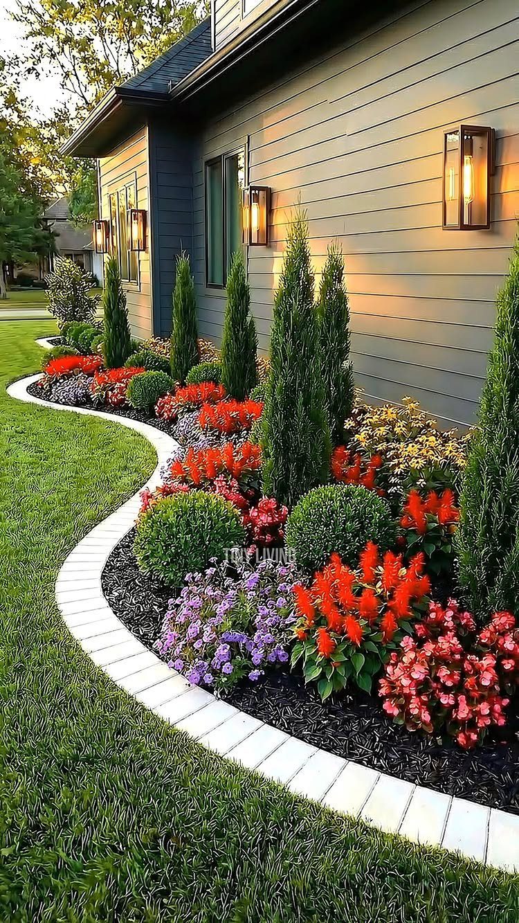 17 Front Flower Bed Ideas for Small Yards and Sunny Corners 14 A curved flower bed with colorful red and purple flowers and green shrubs along a house.