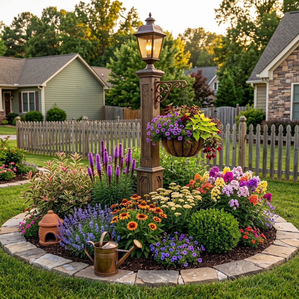 17 Front Flower Bed Ideas for Small Yards and Sunny Corners 13 Colorful flowers and a lamp post inside a circular stone-edged garden bed.