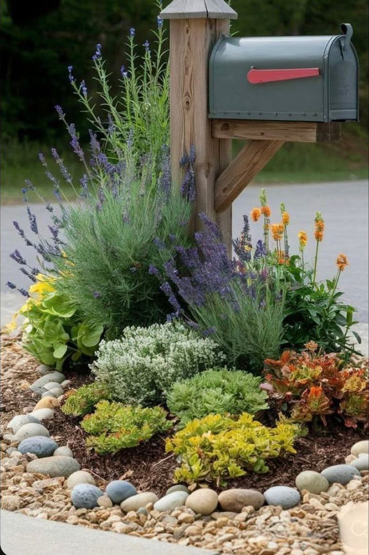 17 Front Flower Bed Ideas for Small Yards and Sunny Corners 12 Lavender and succulents planted in a stone-edged garden bed around a wooden mailbox post.