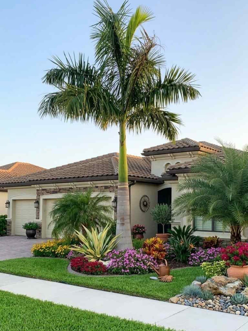 17 Front Flower Bed Ideas for Small Yards and Sunny Corners 4 A tall palm tree surrounded by a vibrant, colorful flower bed in a landscaped front yard.