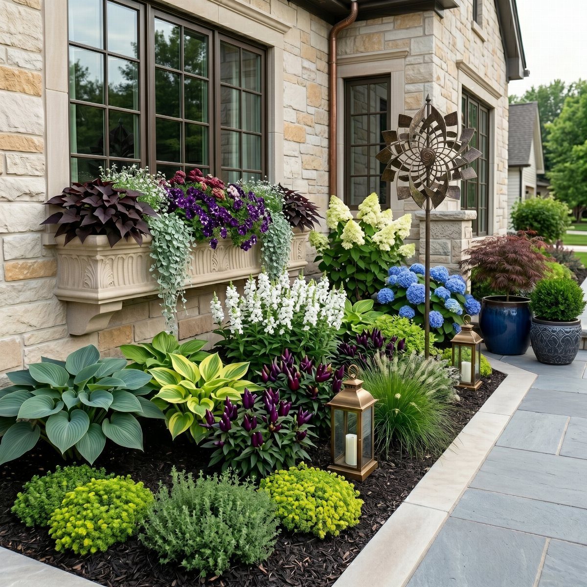 17 Front Flower Bed Ideas for Small Yards and Sunny Corners 2 Lush garden bed with layered hostas, hydrangeas, and colorful flowers against a stone house.
