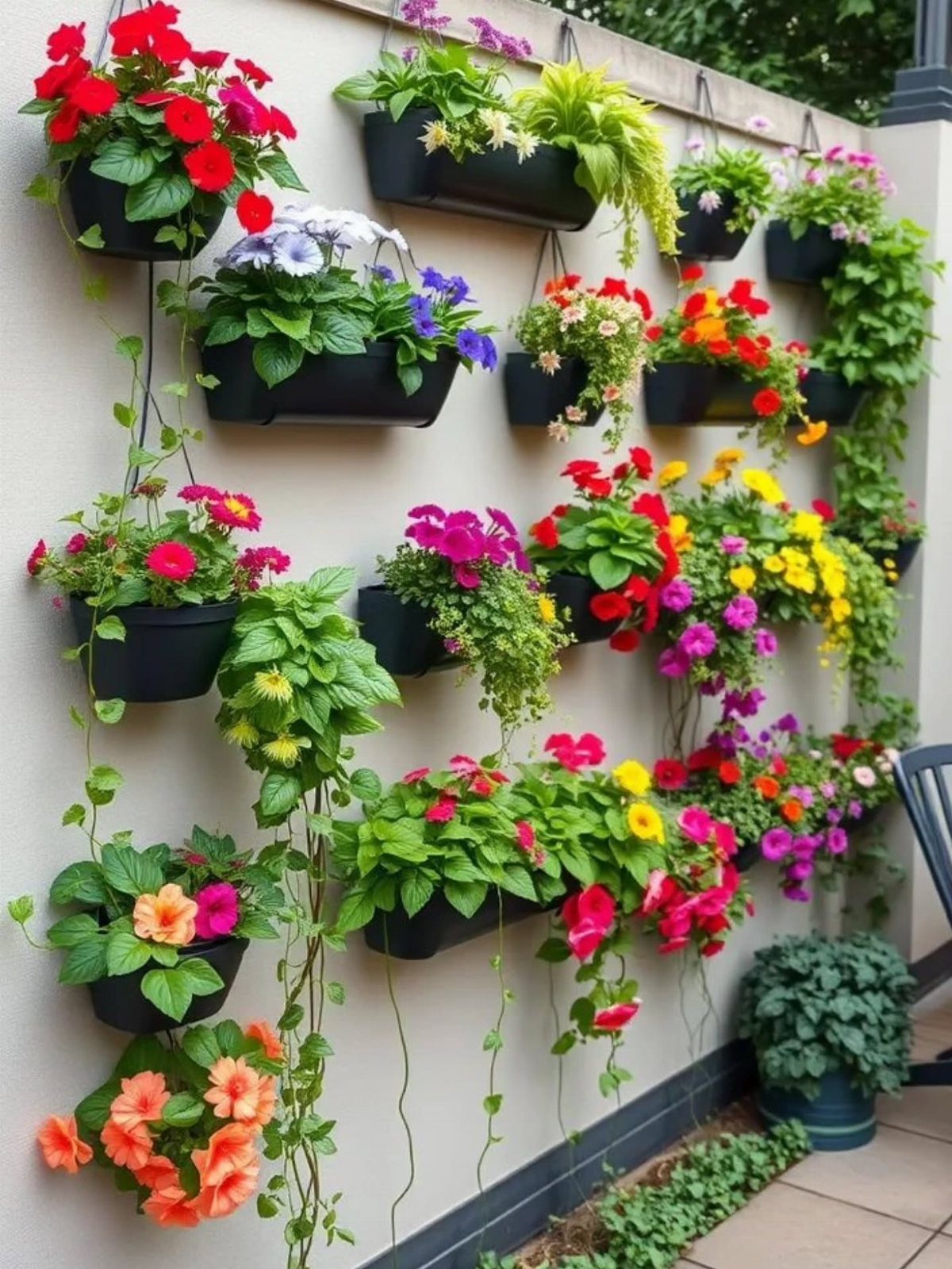 17 Front Flower Bed Ideas for Small Yards and Sunny Corners 10 Black wall-mounted planters filled with vibrant, colorful flowers cascading down a light-colored exterior wall.