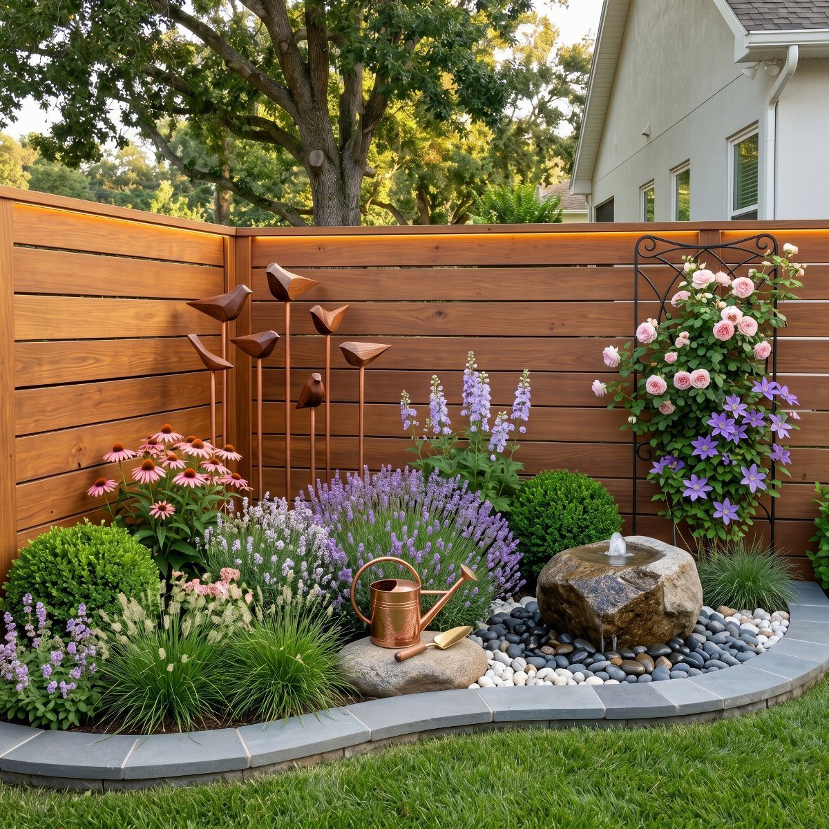 13 Front Lawn Landscaping Ideas for Curb Appeal and Low Upkeep 10 Lavender, coneflowers, and green shrubs planted in a landscaped garden bed with a stone water feature.