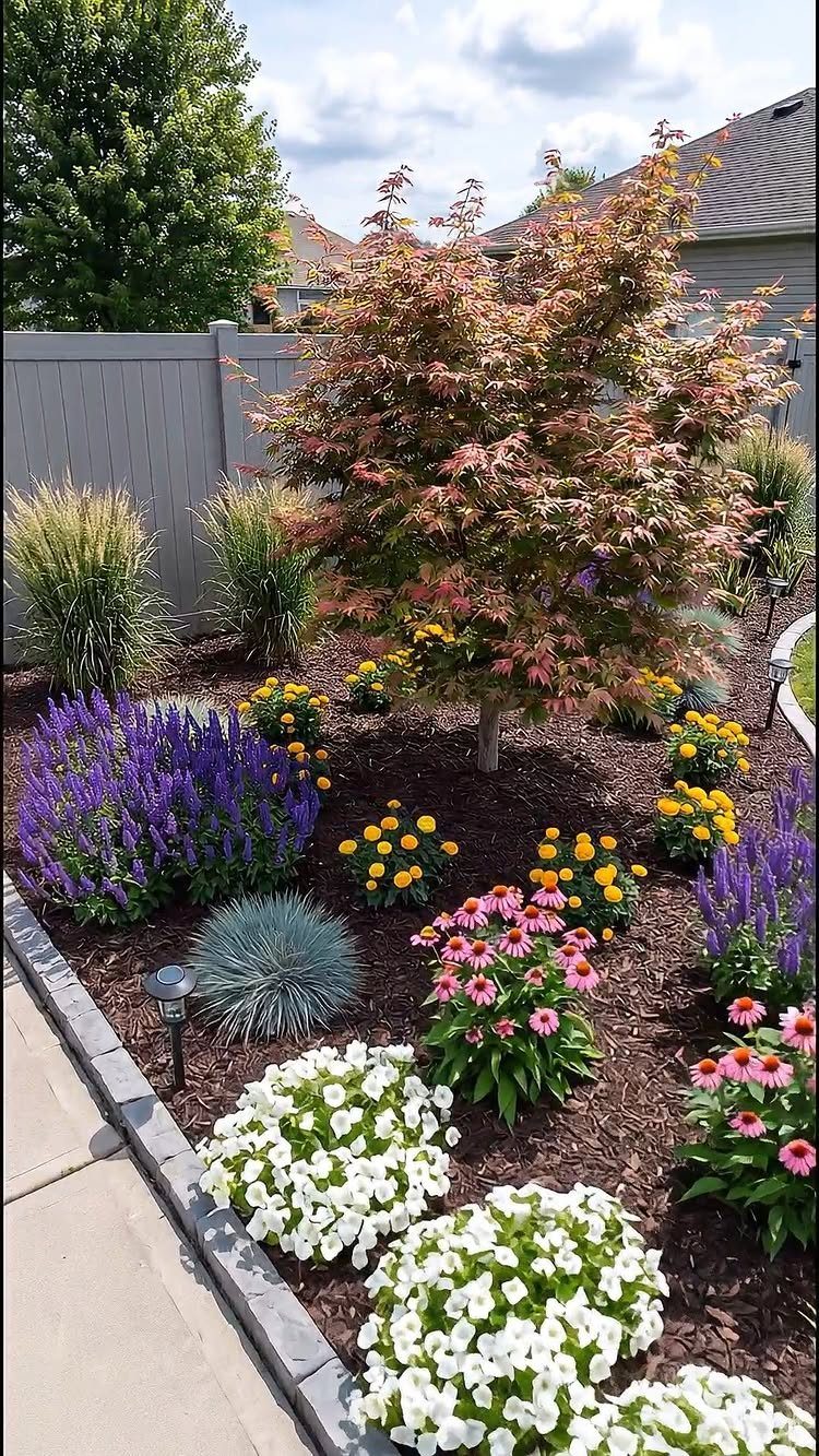 13 Front Lawn Landscaping Ideas for Curb Appeal and Low Upkeep 3 A colorful garden bed with a Japanese maple, purple salvia, and various flowering perennials in mulch.